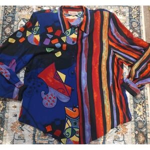 Vintage Funky Abstract Image Multicolor Button Down Shirt Womens Large 80s Pop